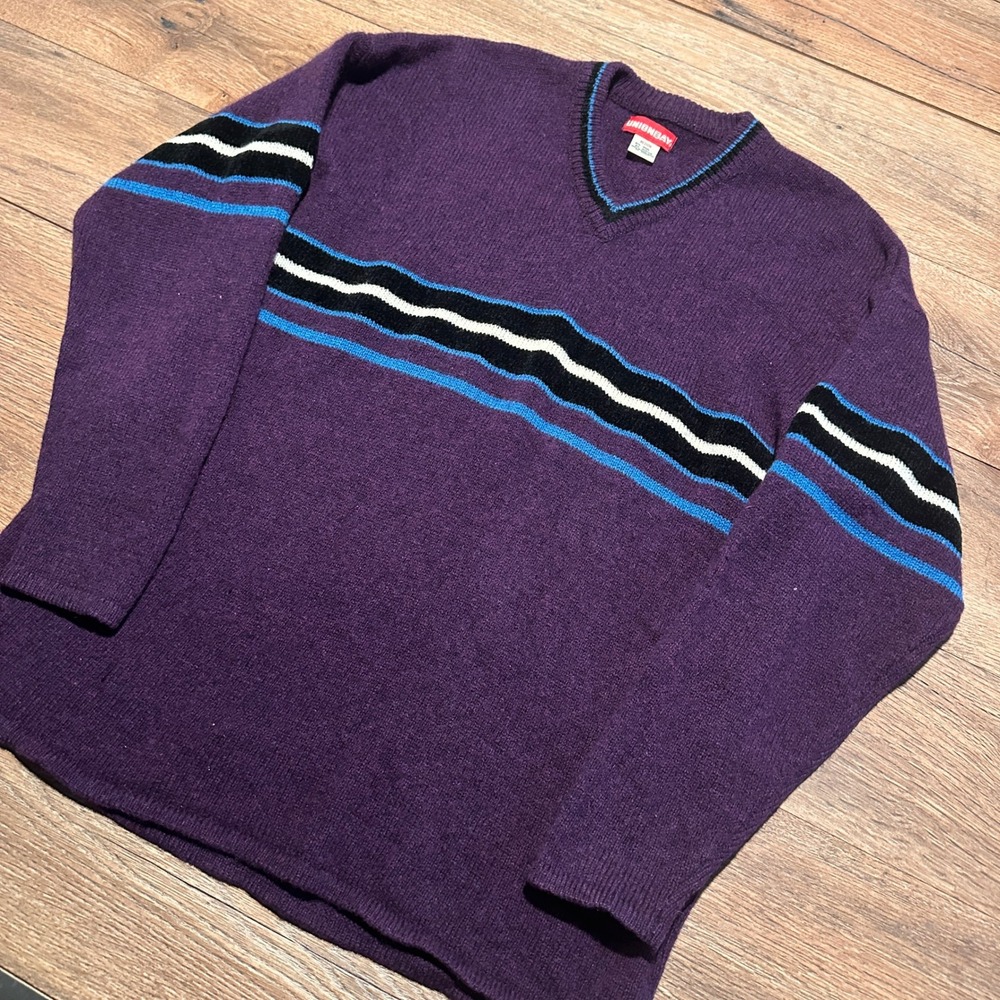 Vintage Unionbay Purple Striped Wool Blend V-Neck Sweater Mens Medium